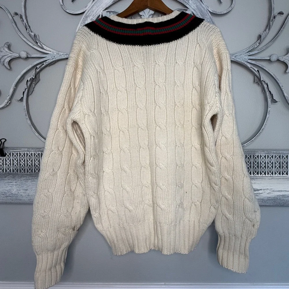 Vintage Polo Ralph Lauren 100% Wool Cable Knit Tennis Sweater Cream Mens Large‎